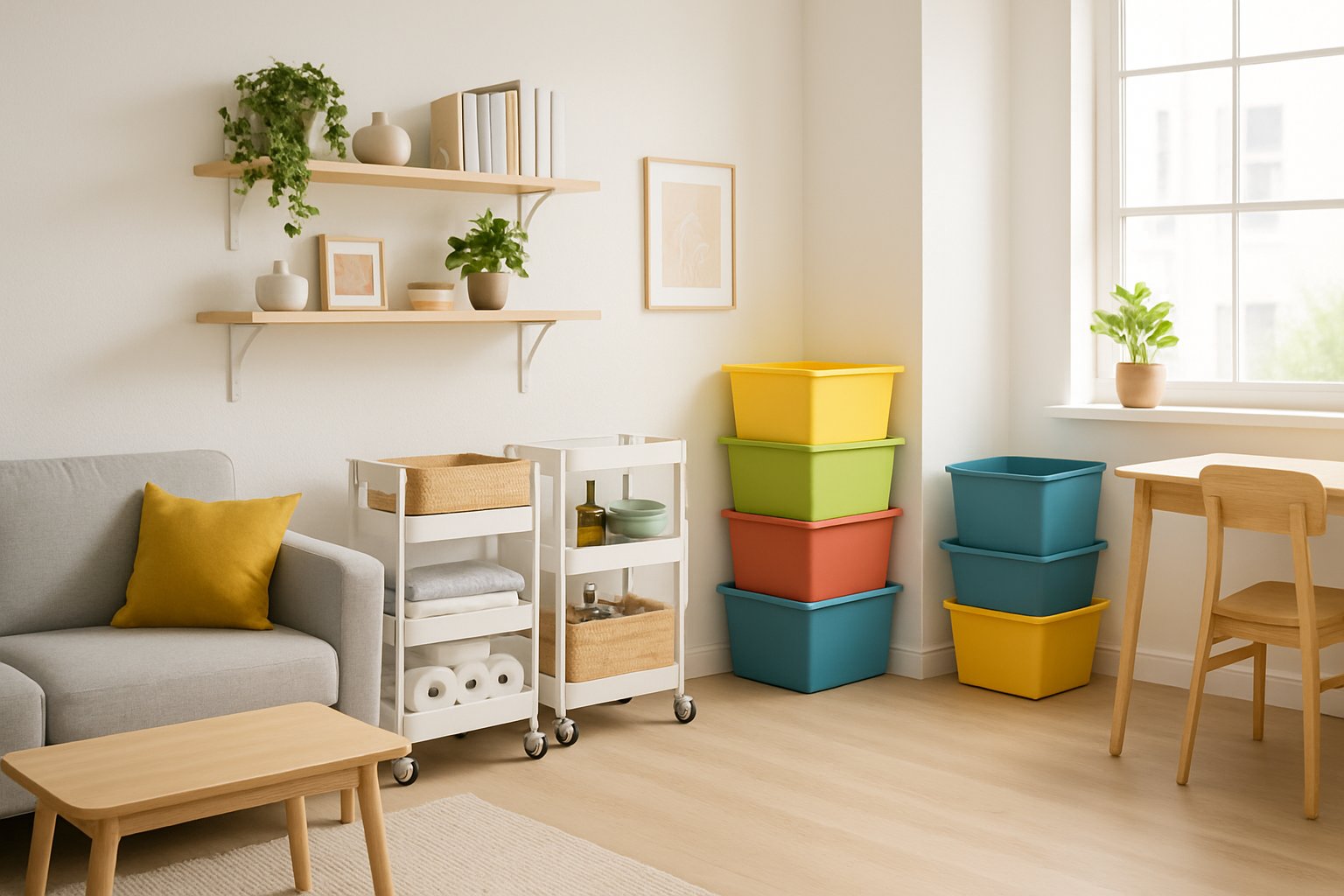 Maximize a Studio Apartment: Multi-Use Carts, Nesting Bins, and Shelves
